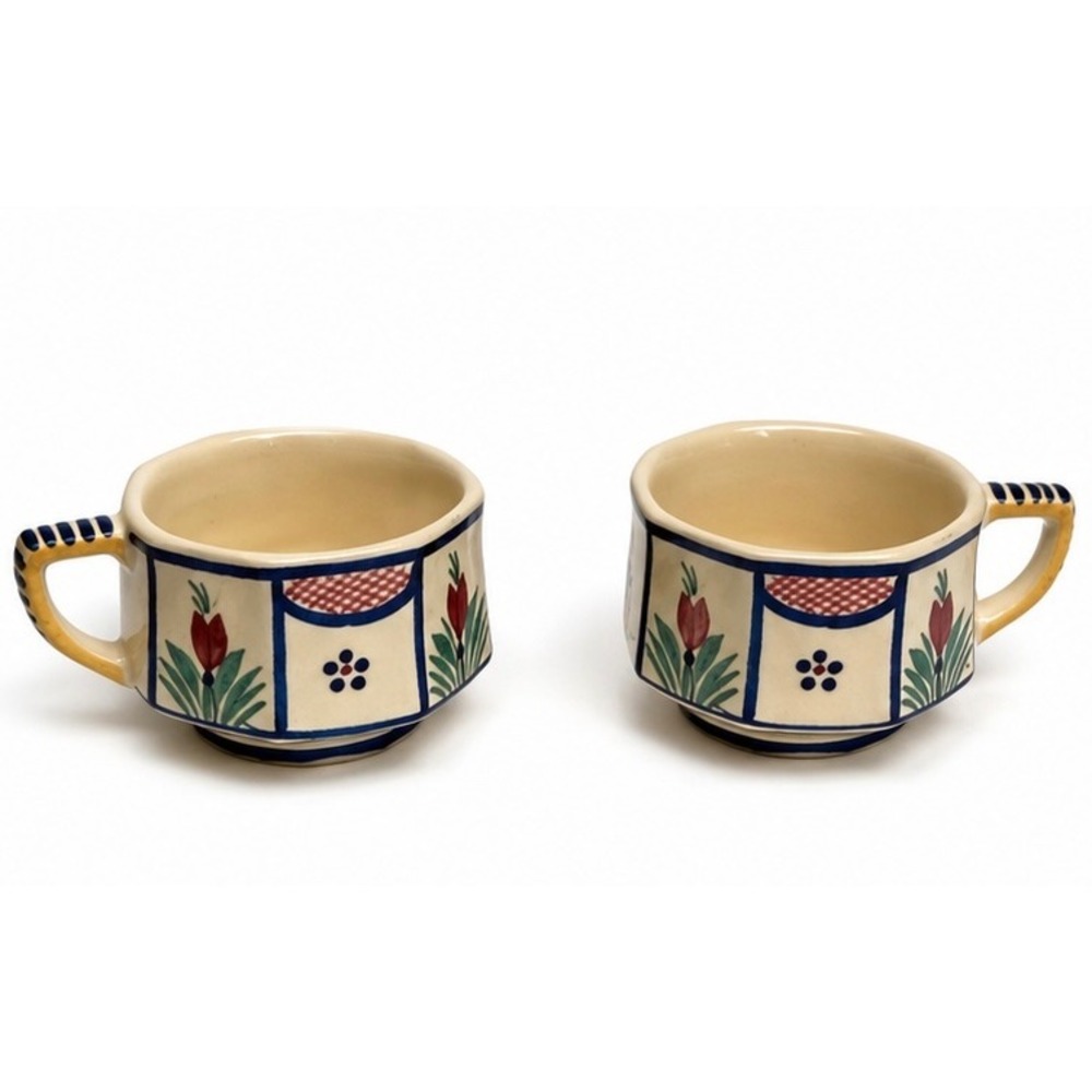 Pair HB Quimper France Hand Painted Faience Cups Breton Folk Art Octagonal VTG